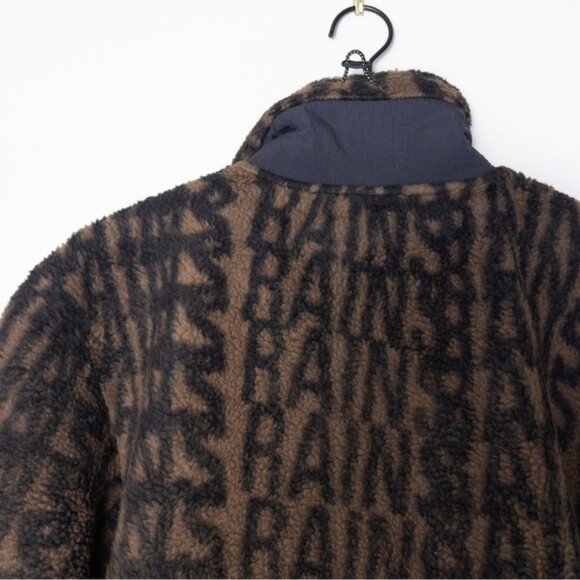 NWT RAINS Heavy Fleece Jacket L Unisex Wood Black Monogram Oversized Boxy - Picture 11 of 12